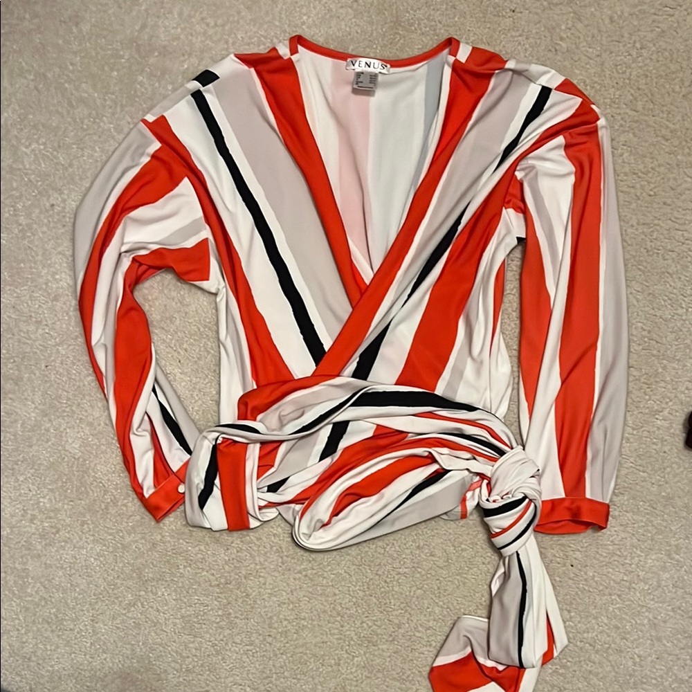 VENUS Women's Striped Wrap Top - orange, navy, gray and White